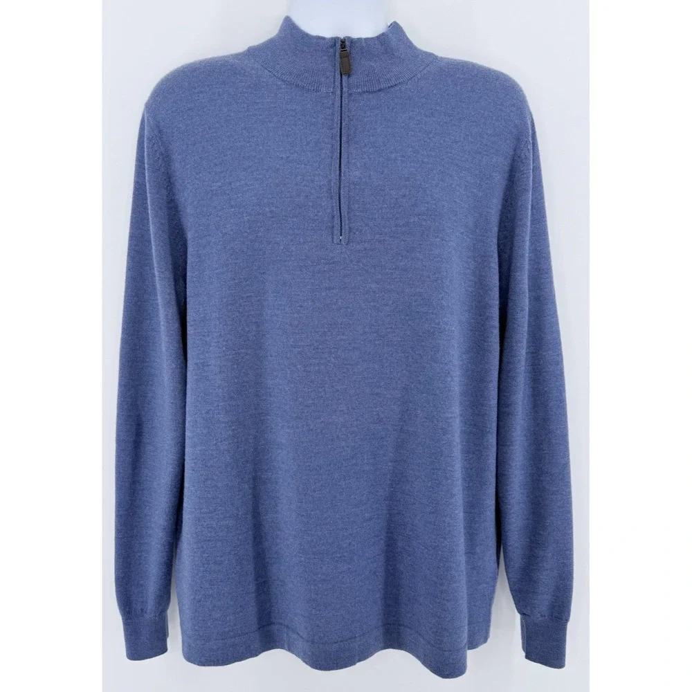 Jos A Bank Traveler Sweater Men's XL Blue 1/4 Zip Merino Wool